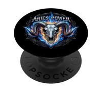 Aries Power Zodiac Ram Skull Blue Fire Heavy Metal Biker PopSockets Adhesive PopGrip