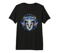 Aries Power Zodiac Ram Skull Blue Fire Heavy Metal Biker Premium T-Shirt