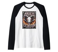 Aries Season Zodiac Astrology Ram Skull Flames Heavy Metal Raglan Baseball Tee