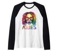 Aries Zodiac Sign Black Girl Dreadlocks Ram Horns Astrology Raglan Baseball Tee