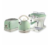 Ariete ARPK17 Retro Style Dome Kettle, 2 Slice Toaster and Espresso Machine Set, Vintage Design, Green