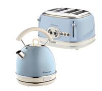 Ariete ARPK41 Retro Style Dome Kettle and 4 Slice Toaster Set, Vintage Design, Blue, Stainless Steel
