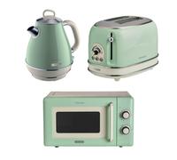 Ariete Vintage Breakfast Set, Retro 2-Slice Toaster with 6 Browning Levels, 2000W Fast-Boil 1.7L Kettle & 800W Microwave, Green
