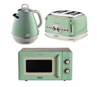 Ariete Vintage Breakfast Set, Retro 4-Slice Toaster with 6 Browning Levels, 2000W Fast-Boil 1.7L Kettle & 800W Microwave, Blue