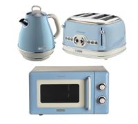Ariete Vintage Breakfast Set, Retro 4-Slice Toaster with 6 Browning Levels, 2000W Fast-Boil 1.7L Kettle & 800W Microwave, Blue