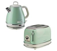 Ariete Vintage 1L Jug Kettle & 2 Slice Toaster Blue Set, 1600 Watts, Cold handle, Steel Walled Kettle, 360° Swivel Base, Auto Shut Off, Auto Eject, Removable Crumb Tray, 6 Brown Levels, Defrost, Green