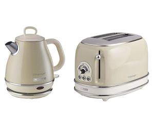 Ariete Vintage 1L Jug Kettle & 2 Slice Toaster Blue Set, 1600 Watts, Cold handle, Steel Walled Kettle, 360° Swivel Base, Auto Shut Off, Auto Eject, Removable Crumb Tray, 6 Brown Levels, Defrost, Cream