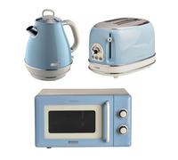Ariete Vintage Breakfast Set, Retro 2-Slice Toaster with 6 Browning Levels, 2000W Fast-Boil 1.7L Kettle & 800W Microwave, Blue