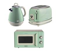 Ariete Vintage Breakfast Set, Retro 2-Slice Toaster with 6 Browning Levels, 2000W Fast-Boil 1.7L Kettle & 800W Microwave, Green