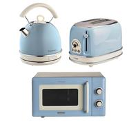 Ariete Vintage Breakfast Set, Retro 2-Slice Toaster with 6 Browning Levels, 2000W Fast-Boil Kettle & 800W Microwave, Blue