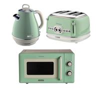 Ariete Vintage Breakfast Set, Retro 4-Slice Toaster with 6 Browning Levels, 2000W Fast-Boil 1.7L Kettle & 800W Microwave, Blue