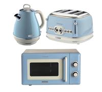 Ariete Vintage Breakfast Set, Retro 4-Slice Toaster with 6 Browning Levels, 2000W Fast-Boil 1.7L Kettle & 800W Microwave, Blue