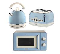 Ariete Vintage Breakfast Set, Retro 4-Slice Toaster with 6 Browning Levels, 2000W Fast-Boil Kettle & 800W Microwave, Blue