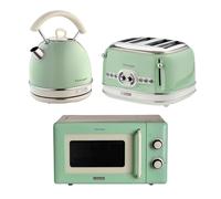 Ariete Vintage Breakfast Set, Retro 4-Slice Toaster with 6 Browning Levels, 2000W Fast-Boil Kettle & 800W Microwave, Green