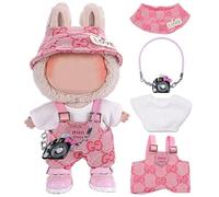 Ariker Handcrafted 4 Piece Doll Clothes Set for 17cm/15cm Labubu Dolls (No Doll) Cute Pink Outfits with Accessories Top Overalls Hat and Handbag for Girls Boys (No Shoes) AK060PK
