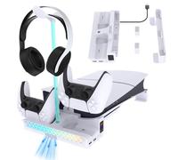 AriKroii PS5 Pro/PS5 Slim Horizontal Stand,Cooling Bracket with RGB Lights and Auto Cooling Station,Dual Controller Charger & Removeable Headset Holdler for Playstation5 Slim