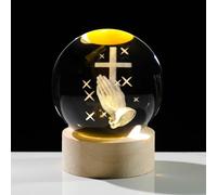 Arikyrist 3D Cross Crystal Ball Night Light with Wooden Base, Laser Engraved Cross with Praying Hand, Transparent Crystal, Rustic Modern Home Decor