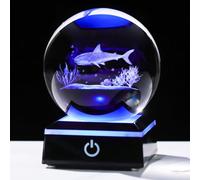 Arikyrist 3D Crystal Ball Shark Figurine with Colorful Light Base, Shark Gifts for Shark Lovers Women Men on Christmas Birthday, Laser Engraved Glass Shark Ornament Globe for Home Office (80mm)