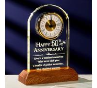 Arikyrist 50th Wedding Anniversary Glass Keepsake Gifts for Parents, 50th Anniversary Desk Table Quartz Clock with LED Light Stand, 50 Years of Marriage Golden Wedding Presents for Couple