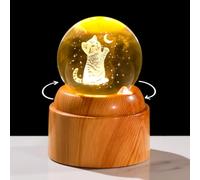 Arikyrist 6cm 3D Cat K9 Crystal Ball with LED Rotatable Base Glass Sphere Laser Engraved Cat and Moon Star Collectible Kitty Paperweight Gifts for Cats Lovers Women