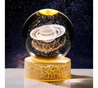 Arikyrist 80mm 3D Engraved Saturn Crystal Ball with LED Warm Light Base Solar System Glass Sphere Miniature Saturn Planet Birthday Gift for Astronomy Home Ornaments
