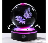 Arikyrist 8cm/3.15in. 3D Crystal Ball Butterfly with Flower with Rotatable Light Base, Butterfly Presents for Women Girlfriend Birthday Paperweight Home Ornaments