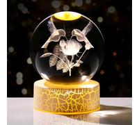 Arikyrist 8cm K9 Crystal Ball Engraved 3D Hummingbirds and Rose Figurine Gifts for Women, 3.15" Glass Bird Rose Decor Ball with LED Light Stand Home Office Paperweight Ornament