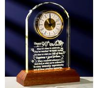 Arikyrist Crystal Happy 90th Birthday Clock Gifts for Women 90 Years Old Unique Birthday Presents for Her with Wooden Warm Light Base Special Keepsake Birthday Ornament Quartz Clock for Men
