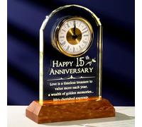 Arikyrist Happy 15th Wedding Anniversary Quartz Clock Gifts, 15 Years of Marriage Anniversary Light-up Desk Clock Crystal Engraved Keepsake Wedding Presents for Couple Home Ornament