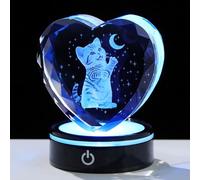 Arikyrist K9 Crystal Heart Engrave 3D Cat and Moon Figurine Keepsake with LED Light Base Cat Themed Gifts for Women Cats Lovers Collectible Paperwight Ornaments Home Decor