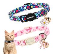 ARING PET 2 Pack Cat Collars with Bell, Cute Soft Cotton Kitten Kitty Breakaway Spring Summer Cat Collars for Boy Girl Cats-Pink Bow & Blue Floral