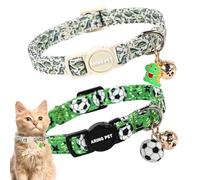 ARING PET 2 Pack Cat Collars with Bell, Cute Soft Cotton Kitten Kitty Breakaway Summer Cat Collars for Boy Girl Cats-Dinosaur & Green Soccer
