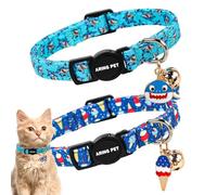 ARING PET 2 Pack Cat Collars with Bell, Cute Soft Cotton Kitten Kitty Breakaway Summer Cat Collars for Boy Girl Cats-Blue Shark & Ice Cream