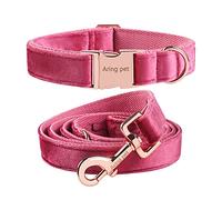 ARING PET Dog Collar and Lead Set, Rose Red Velvet Dog Collar and Leash with Metal Buckle, Comfortable and Adjustable Pet Collar Set for Boys&Girls Dogs, Small