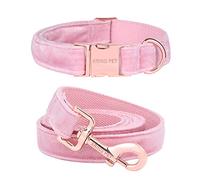 ARING PET Dog Collar and Leash Set, Comfortable Cotton Adjustable Doggy Collar with Metal Buckle and Lead for Puppy Small Medium Large Giant Boy Girl Dogs-Velvet Pink M