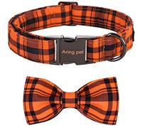 ARING PET Dog Collar, Cute Fall Dog Collar with Bow, Adjustable Halloween Orange Grid Bowtie Dog Collars with Metal Buckle for Small Medium Large Dogs-L