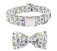 ARING PET Dog Collar with Bow, Cute Green Dinosaur Bowtie Dog Collar, Adjustable and Comfortable Cotton Pet Collars for Boys and Girls Dogs, Small