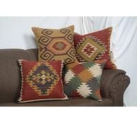 Arise Export Boho Throw Pillow Covers Set of 4 - Rug Cushioncase Handcrafted Kilim Pillow Cover Wool and Jute Woven Cushion Cover Ethnic Home Decor Couch, Sofa or Bed (Pattern 1, 18" x 18")