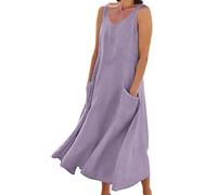 Arispjct Summer Cotton Linen Long Dress for Women 2025 Sleeveless Boho Flowy Dresses Plus Size Loose Comfy Dress with Pockets, A-purple, M