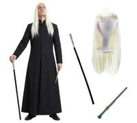 Aristocratic Dark Wizard Accessory Set - 4 Piece Kit Includes Platinum Wig, Silver-Topped Cane, Wand & Long Black Jacket - Perfect for Halloween & Magical Cosplay Parties - Adults Fancy Dress Costume