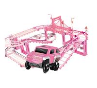Aritynu Electric Track Toy with Coconut Tree Playset for Kids, Safe (Pink) | Slippery Burr-free Surfaces, Colorful Bridge & Signs, EXIT Lock Connectors, Educational Traffic Playset