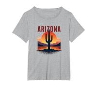 Arizona Desert Sunset Cactus Retro Travel Poster T-Shirt, Women's Plus, Heather Grey, 2X