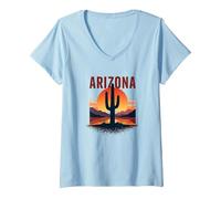 Arizona Desert Sunset Cactus Retro Travel Poster V-Neck T-Shirt, Women, Baby Blue, XXL