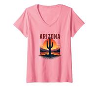 Arizona Desert Sunset Cactus Retro Travel Poster V-Neck T-Shirt, Women, Pink, M