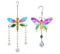 ARJDXDP Crystal Butterfly Rhinestones Suncatcher Window Hanging Ornament, 2PCS Stained Glass Butterfly Dragonfly Sun Catchers Window Garden Hanging Decoration Ornament, Rainbow Maker Home Decor