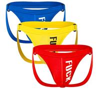 Arjen Kroos Men's Sexy Jock Strap Athletic Jockstrap Cotton Underwear Brief Low Rise G-Strings Thongs Buckle Supporter for Gym,Red&Yellow&Blue,XL