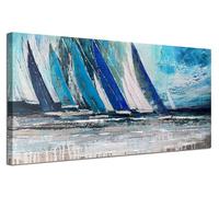 Arjun Blue Abstract Wall Art Canvas for Living Room Teal Ocean Sailboat Textured Bedroom Picture Modern Turquoise Coastal Nautical Painting Large Framed Artwork Home Office Wall Decor, 40"x20"