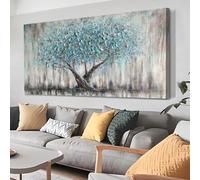Arjun Tree Wall Art Canvas for Living Room Blue Tree of Life Nature Teal Abstract Textured Painting Picture Modern Panoramic Landscape Artwork Framed Bedroom Home Office Decor, Extra Large 58"x29"