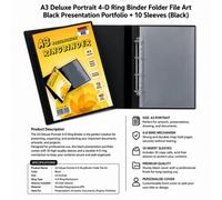 Ark A3 Deluxe Portrait 4-D Ring Binder Folder File Art Black Presentation Portfolio + 10 Sleeves (Black)