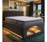 ark future Modern Upholstered Bed Frame with Built-In Dog Bed, Pet Friendly Fabric Bed Frame with Integrated Pet Sleeping Space, Wooden Frame,(Steel, 5ft King)